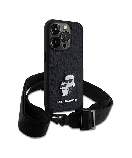 Karl Lagerfeld Saffiano Crossbody Popruh Metal Karl and Choupette Zadní Kryt pro iPhone 15 Pro Black