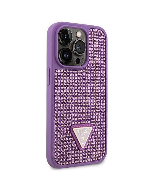 Guess Rhinestones Triangle Metal Logo Kryt pro iPhone 15 Pro Purple