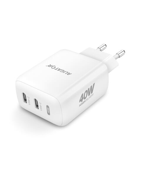 Rychlá nabíječka ALIGATOR, PD 40W, 2xUSB-C, USB-C/Lightning kabel, bílá