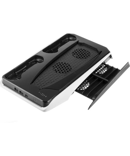 Multifunkční stanice FIXED pro PlayStation 5 s chlazením a nabíjením pro dva ovladače DualSense, čer