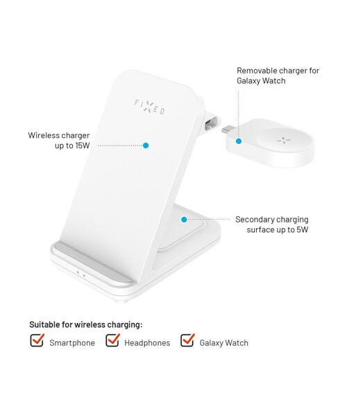 Stojánek FIXED Powerstation pro Samsung s bezdrátovým nabíjením až pro 3 zařízení, 15W+5W+2.5W, bílý