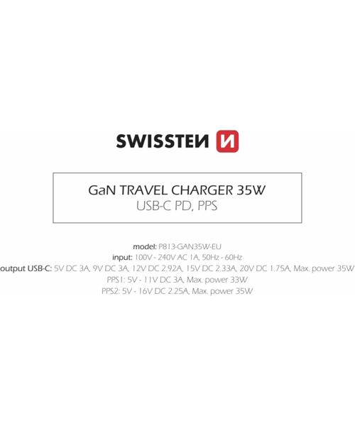 SWISSTEN SÍŤOVÝ ADAPTÉR GaN 1x USB-C 35W POWER DELIVERY ČERNÝ