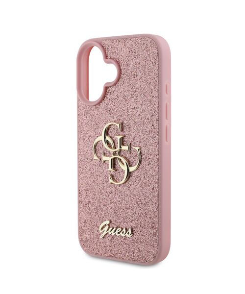 Guess PU Fixed Glitter 4G Metal Logo Zadní Kryt pro iPhone 16 Pink