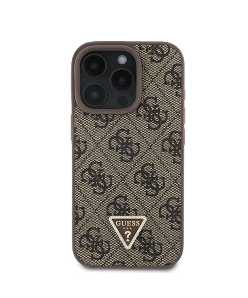 Guess PU 4G Strass Triangle Metal Logo Zadní Kryt pro iPhone 16 Pro Max Brown