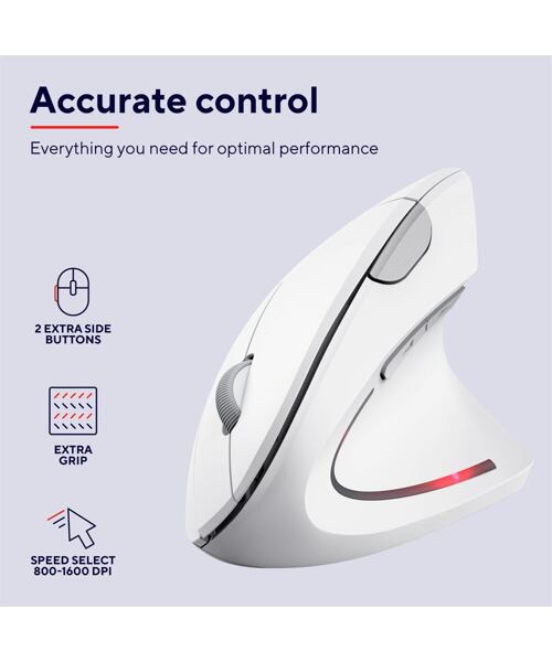 Trust Verto/Vertikální/Optická/Pro praváky/1 600 DPI/Bezdrátová USB/Bílá