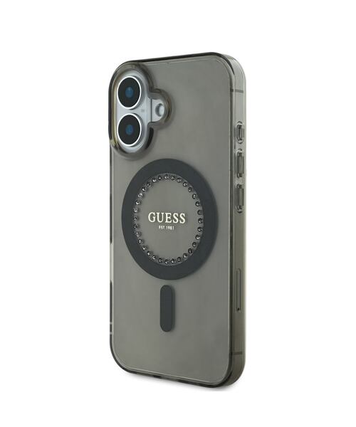 Guess IML Rhinestones Ring MagSafe Zadní Kryt pro iPhone 16 Black