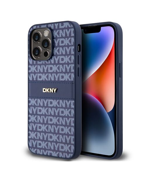 DKNY PU Leather Repeat Pattern Tonal Stripe Zadní Kryt pro iPhone 14 Pro Blue