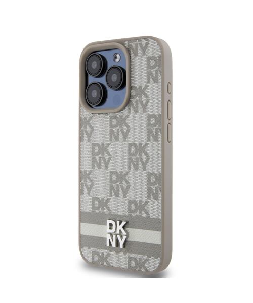 DKNY PU Leather Checkered Pattern and Stripe Zadní Kryt pro iPhone 13 Pro Max Beige