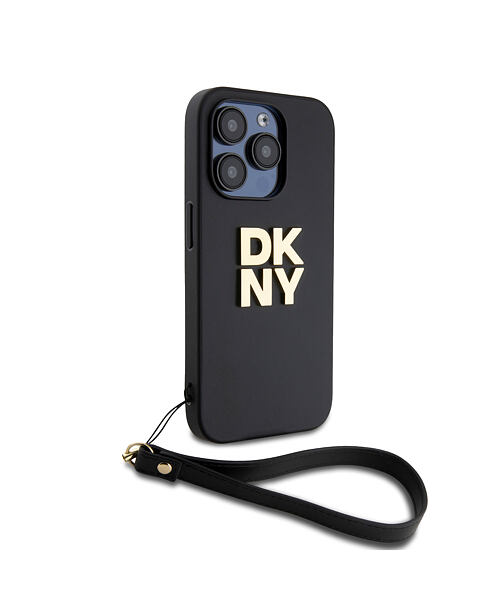 DKNY PU Leather Stack Logo Wrist Strap Zadní Kryt pro iPhone 15 Pro Black