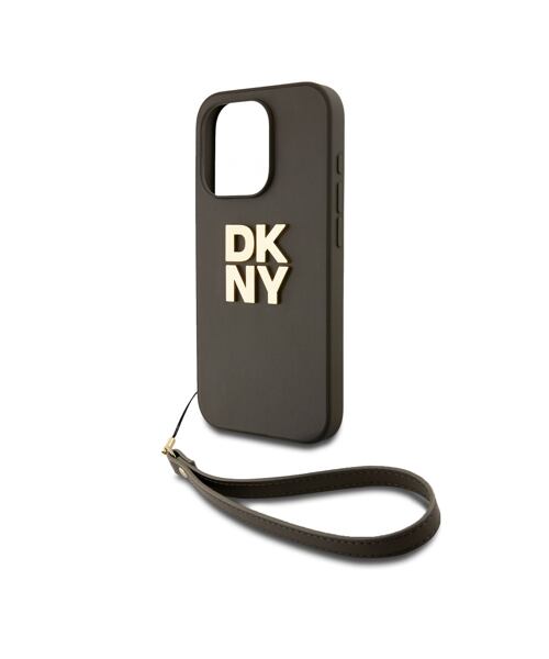 DKNY PU Leather Stack Logo Wrist Strap Zadní Kryt pro iPhone 14 Pro Brown