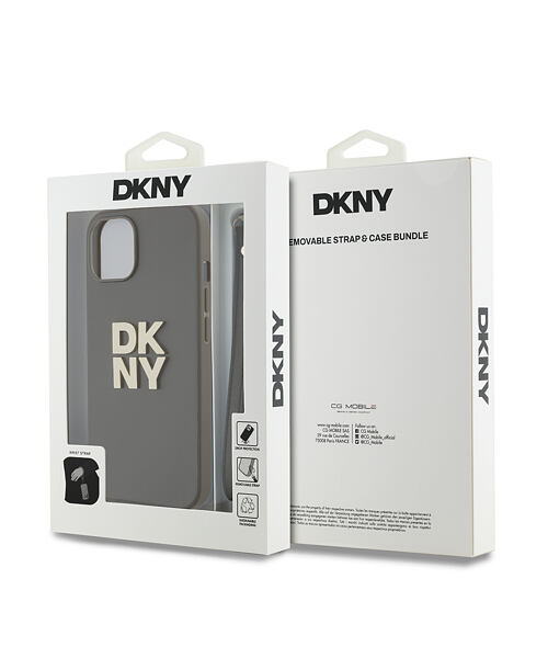 DKNY PU Leather Stack Logo Wrist Strap Zadní Kryt pro iPhone 14 Brown