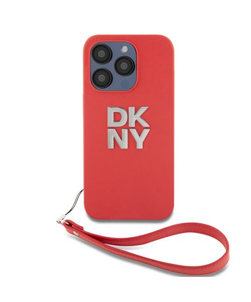 DKNY PU Leather Stack Logo Wrist Strap Zadní Kryt pro iPhone 15 Pro Max Red