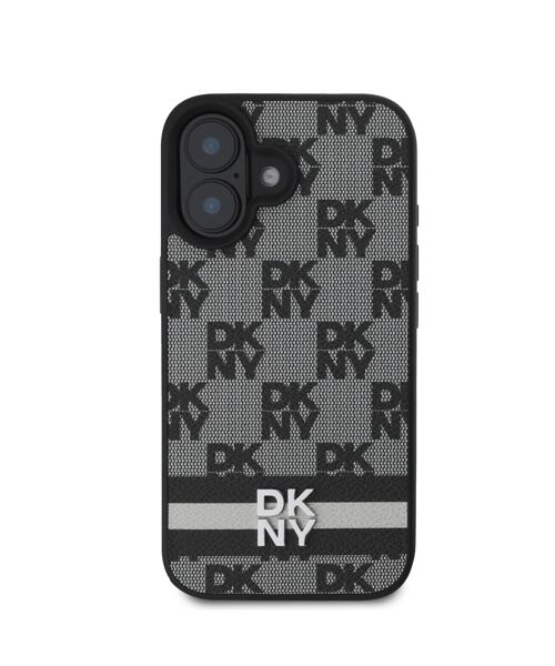DKNY PU Leather Checkered Pattern and Stripe Zadní Kryt pro iPhone 16 Black