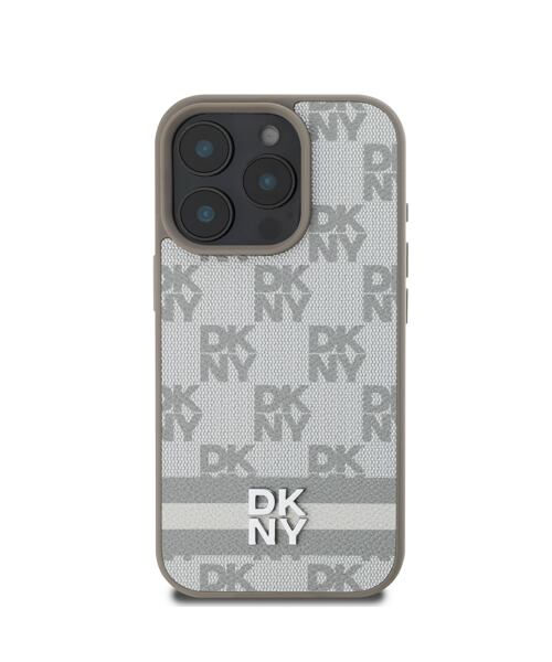 DKNY PU Leather Checkered Pattern and Stripe Zadní Kryt pro iPhone 16 Pro Max Beige