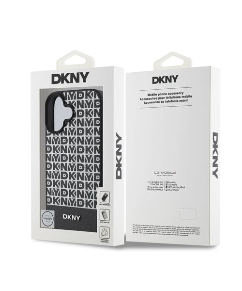 DKNY PU Leather Repeat Pattern Bottom Stripe MagSafe Zadní Kryt pro iPhone 16 Plus Black