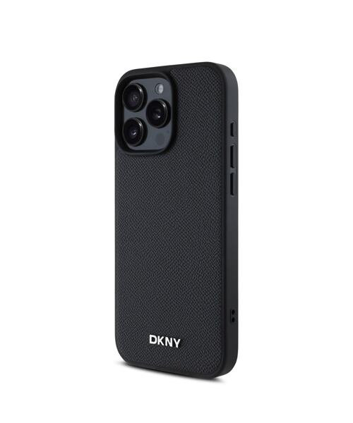 DKNY PU Leather Silver Metal Logo Magsafe Zadní Kryt pro iPhone 16 Pro Max Black
