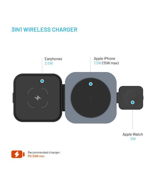 Skládací magnetický bezdrátový nabíjecí stojan 3v1 FIXED MagFlex Alu, 15W+2.5W+3.5W, šedý