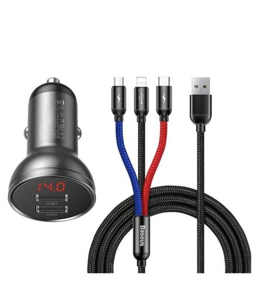 Baseus rychlonabíječka do auta 2xUSB 4,8A 24W s displejem + 3v1 kabel černá