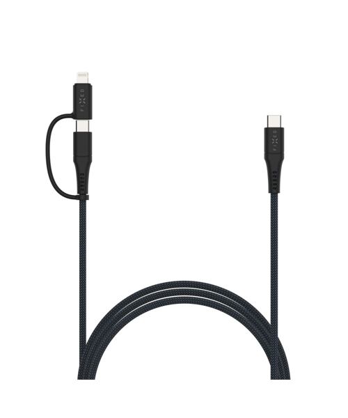 Dlouhý nabíjecí a datový opletený kabel FIXED s konektory USB-C/USB-C a Lightning adaptérem, PD, 2m,