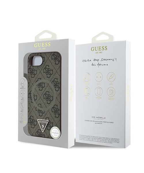 Guess PU 4G Strass Triangle Metal Logo MagSafe Zadní Kryt pro iPhone 16e Brown