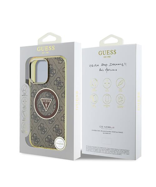 Guess IML 4G Glitter and Triangle Logo MagSafe Zadní Kryt pro iPhone 16 Pro Max Brown