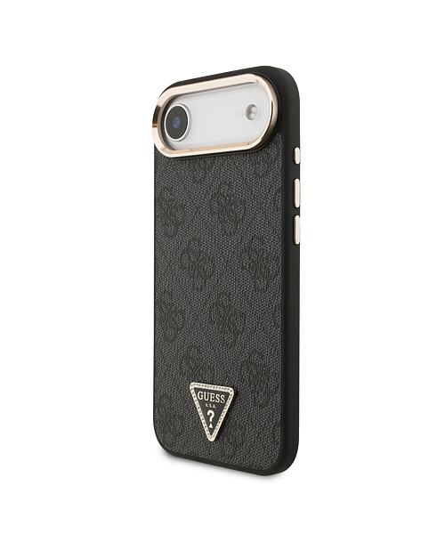 Guess PU Leather 4G Strass Triangle Logo Gold Frame MagSafe Zadní Kryt pro iPhone Air Black