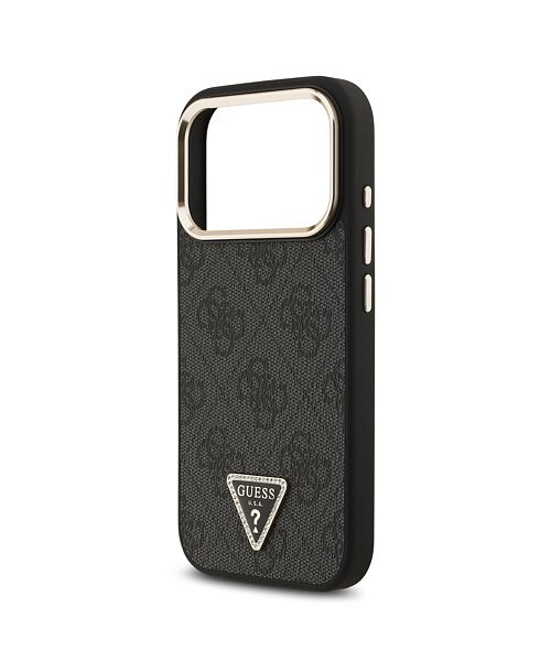 Guess PU Leather 4G Strass Triangle Logo Gold Frame MagSafe Zadní Kryt pro iPhone 17 Pro Black