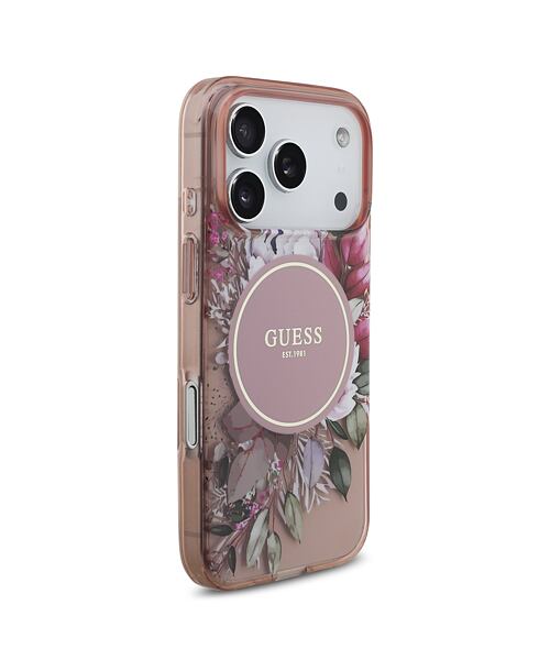Guess IML Flowers Strap MagSafe Zadní Kryt pro iPhone 17 Pro Pink