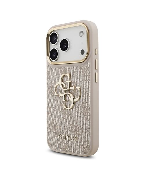 Guess PU Leather 4G Metal Logo Gold Frame Zadní Kryt pro iPhone 17 Pro Pink