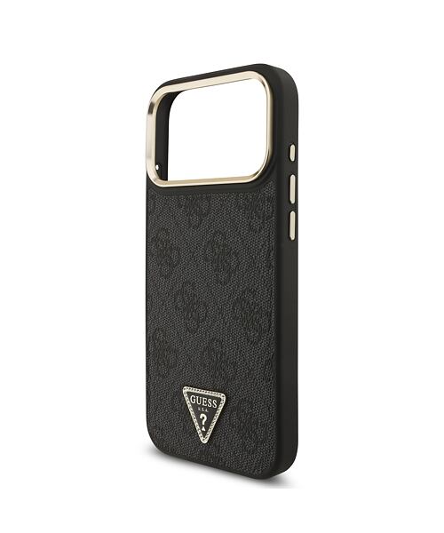 Guess PU Leather 4G Strass Triangle Logo Gold Frame MagSafe Zadní Kryt pro iPhone 17 Pro Max Black