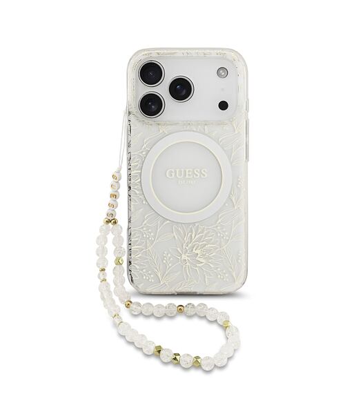 Guess IML Flowers Allover Strap MagSafe Zadní Kryt pro iPhone 17 Pro White