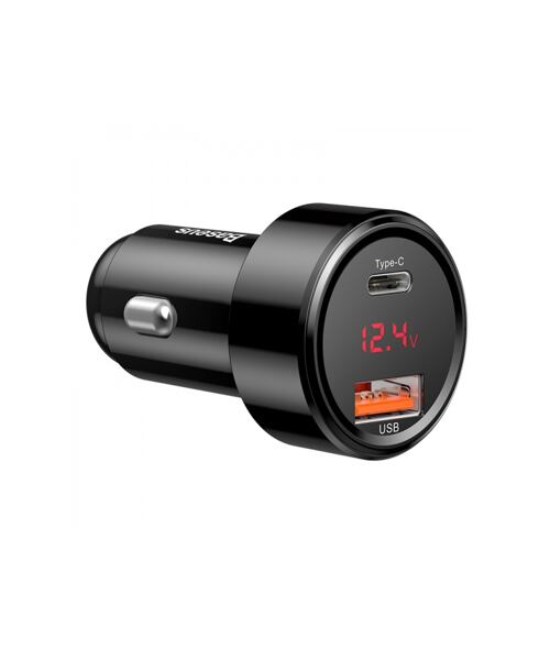 Baseus nabíječka do auta Magic USB-C PD, USB-A 45W s displejem černá