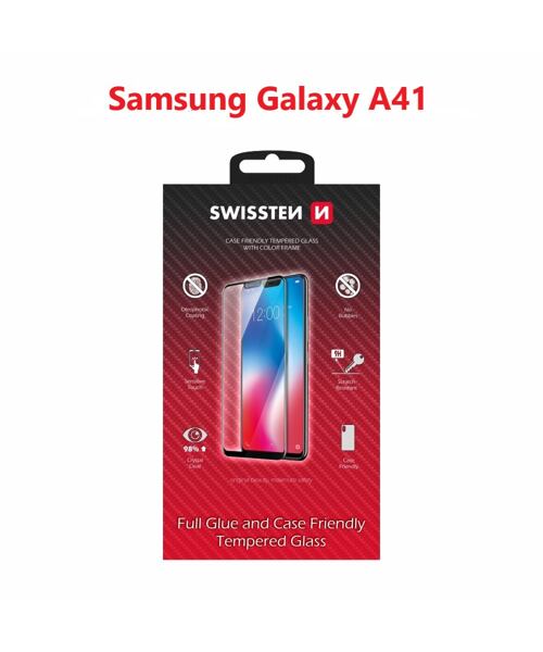 SKLO SWISSTEN FULL GLUE, COLOR FRAME, CASE FRIENDLY PRO SAMSUNG A415 GALAXY A41 ČERNÉ