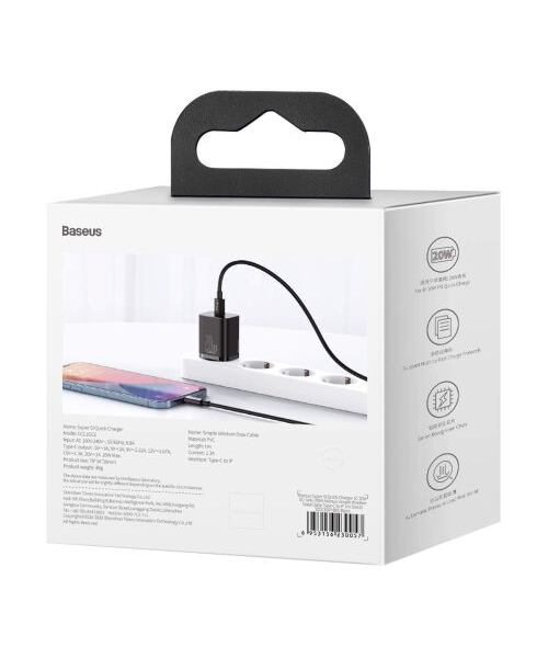 Baseus rychlonabíječka do sítě Super Si USB-C PD QC 20W černá s kabelem USB-C/Lightning 1m