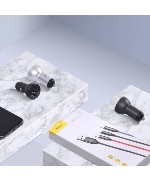 Baseus rychlonabíječka do auta 2xUSB 4,8A 24W s displejem + 3v1 kabel černá