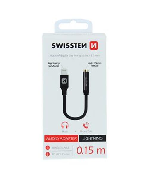 AUDIO ADAPTÉR SWISSTEN TEXTILE LIGHTNING /JACK(samice) 0,15 M ČERNÝ