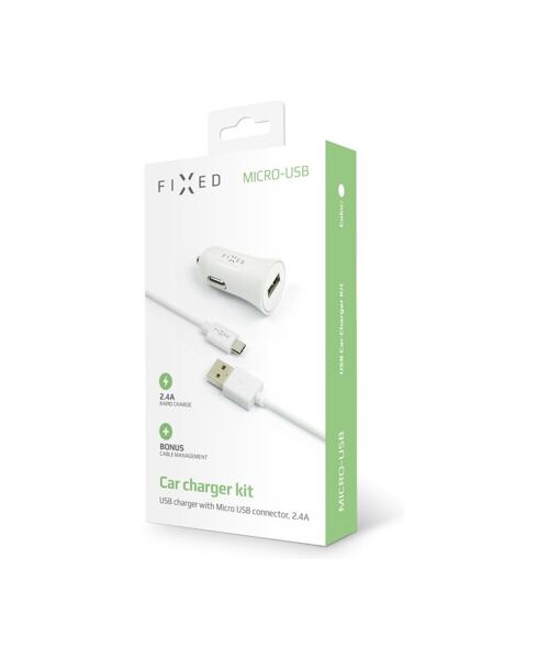 FIXED USB Car Charger 12W+ USB/micro USB Cable, white
