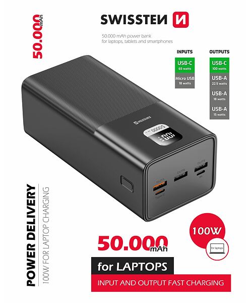 SWISSTEN POWER LINE POWER BANK 50000 mAh FOR LAPTOPS 100W POWER DELIVERY BLACK