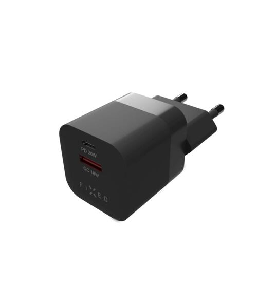Síťová nabíječka FIXED Mini s USB-C a USB výstupem, podpora PD a QC 3.0, 20W, černá