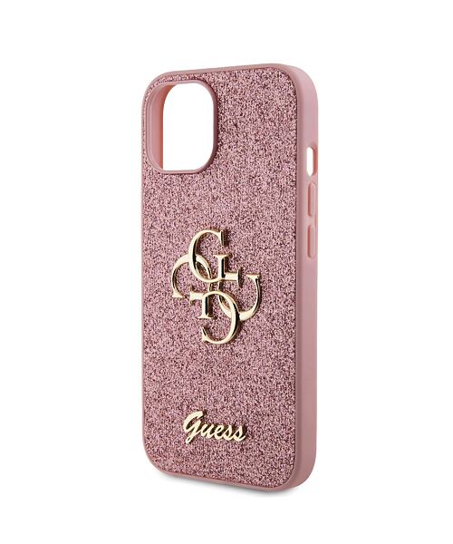Guess PU Fixed Glitter 4G Metal Logo Zadní Kryt pro iPhone 15 Pink