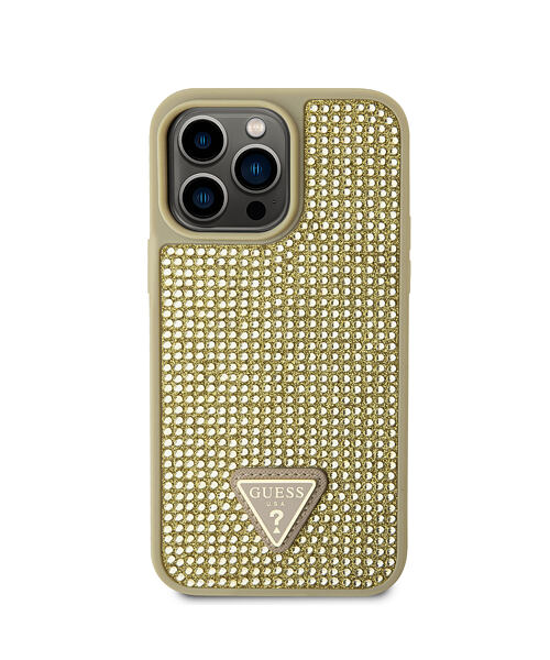 Guess Rhinestones Triangle Metal Logo Kryt pro iPhone 15 Pro Max Gold