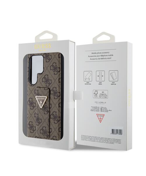 Guess PU Grip Stand 4G Strass Triangle Metal Logo Zadní Kryt pro Samsung Galaxy S24 Ultra  Brown