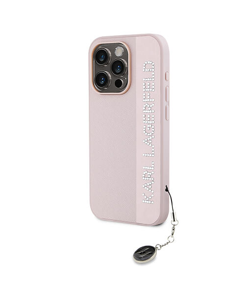 Karl Lagerfeld PU Saffiano Rhinestone Charm Zadní Kryt pro iPhone 15 Pro Max Pink
