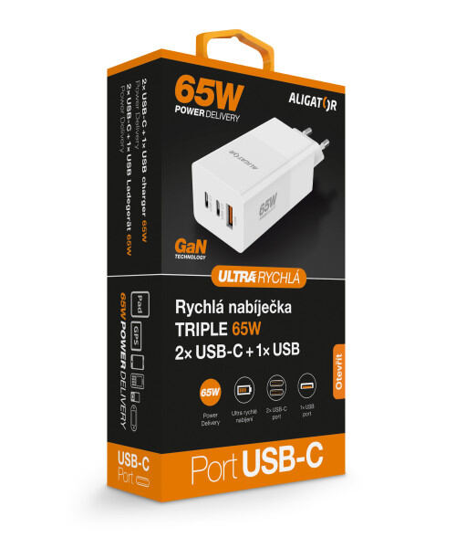 Rychlá nabíječka ALIGATOR GaN, PD 65W, 2xUSB-C, 1xUSB-A, bílá