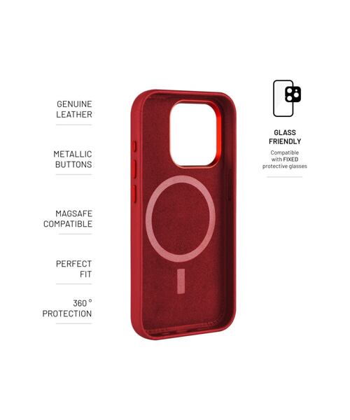 Kožený zadní kryt FIXED MagLeather s podporou Magsafe pro Apple iPhone 15, červený