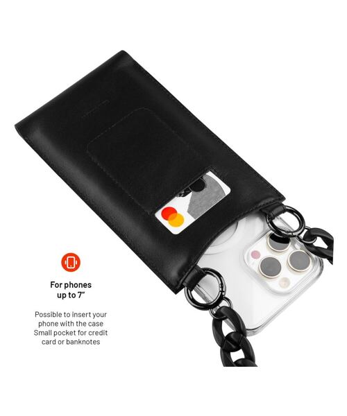Kožená taštička přes rameno s kapsou FIXED Venezia pro 7" mobilní telefony s černým řetízkem, černá