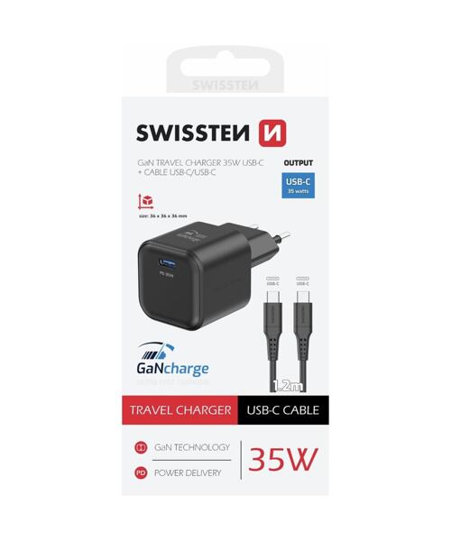 SWISSTEN SÍŤOVÝ ADAPTÉR GaN 1x USB-C 35W POWER DELIVERY ČERNÝ + DATOVÝ KABEL USB-C/USB-C 1,2 M ČERNÝ