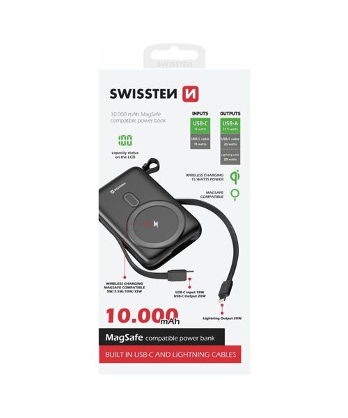 SWISSTEN POWER BANK 10000 mAh PD 22,5W S INTEGROVANÝMI KABELY  USB-C A LIGHTNING (kompatibilní s Mag