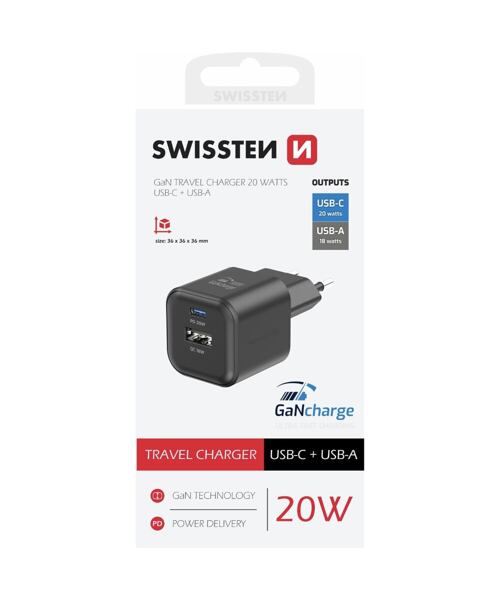 SWISSTEN SÍŤOVÝ ADAPTÉR GaN 1x USB-C 20W PD + 1x USB-A 18W QC ČERNÝ