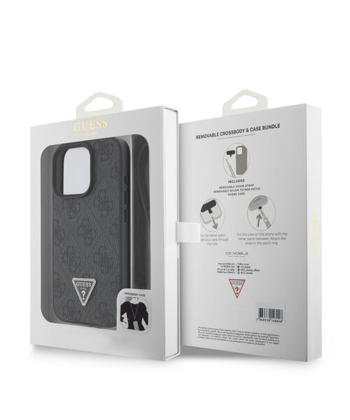 Guess PU 4G Strass Triangle Metal Logo Zadní Kryt + Crossbody Popruh pro iPhone 16 Pro Black
